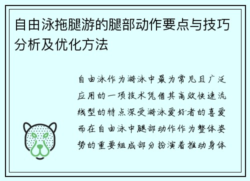 自由泳拖腿游的腿部动作要点与技巧分析及优化方法